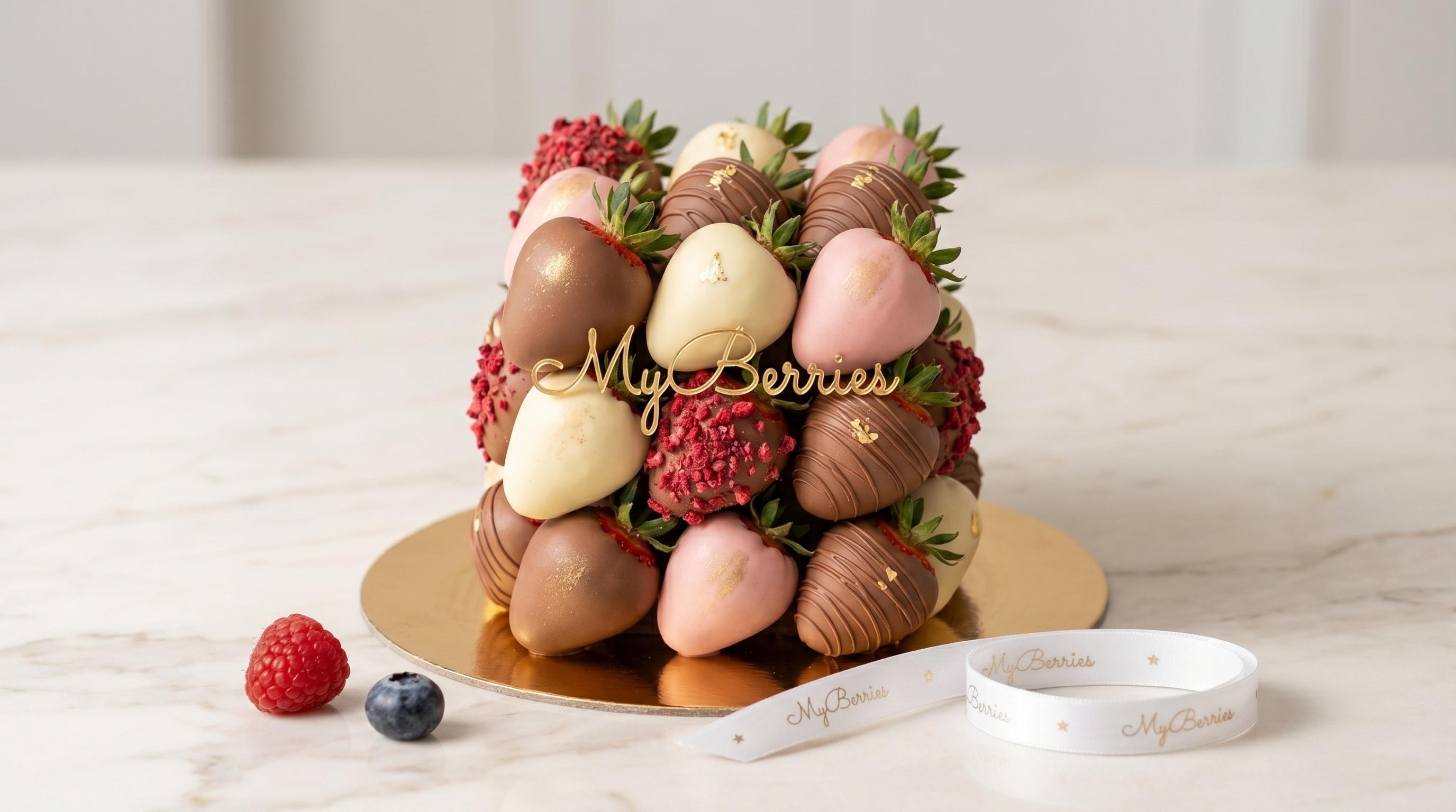 Праздничная композиция из клубники в шоколаде с золотым декором MyBerries