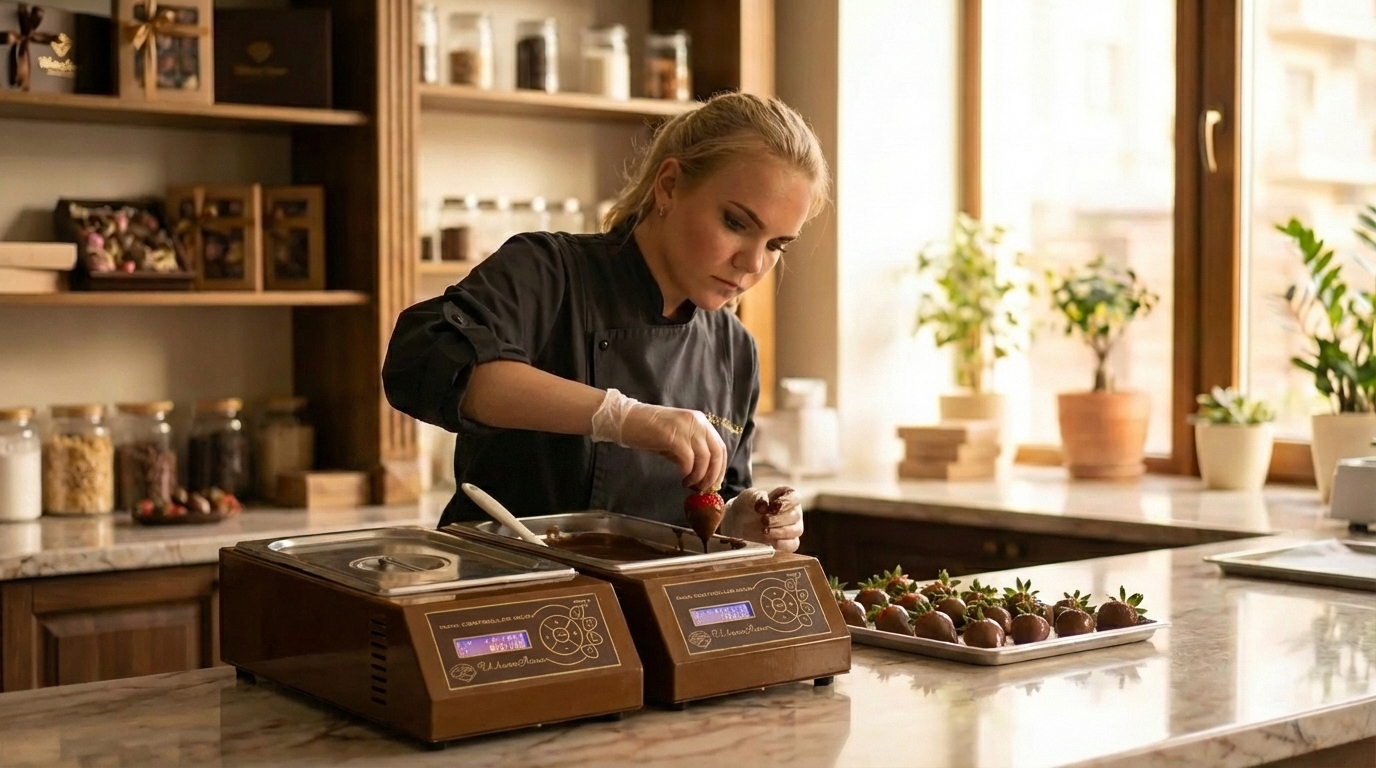Основательница MyBerries декорирует клубнику в шоколаде в мастерской